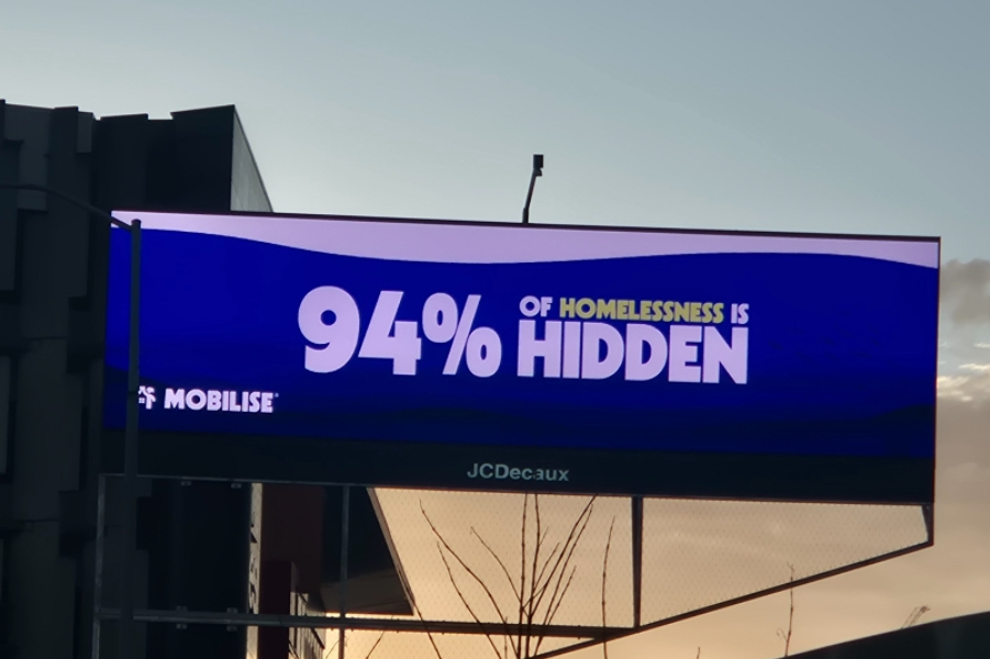 We Are Mobilise Unhide Homelessness campaign 2024 — JCDecaux billboards across Australia highlighting 94% of hidden homelessness